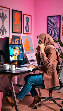 muslim woman in hijab talking on phone while working on computer at homeの写真素材