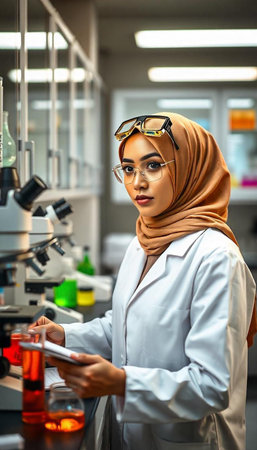 Hijab scientist looking at camera while working with retort in laboratoryの写真素材