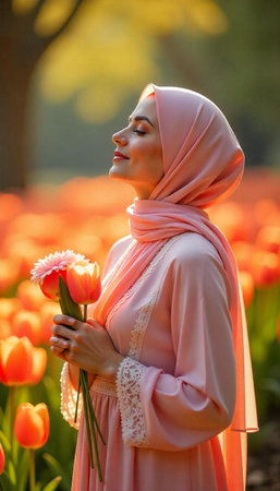 Hijab woman with tulip flower in the garden at sunsetの写真素材