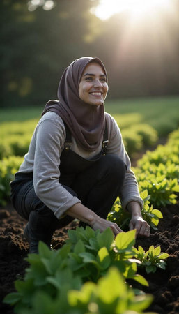 Portrait of muslim woman smiling at camera while working in vegetable gardenの写真素材
