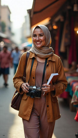 Portrait of a smiling muslim woman holding a camera and looking at cameraの写真素材