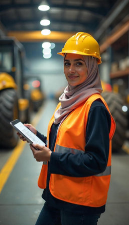 Portrait of muslim female engineer holding tablet while standing in warehouseの写真素材