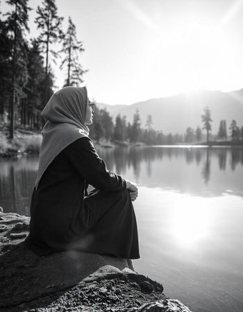 Muslim woman sitting on the shore of a mountain lake. Black and whiteの写真素材