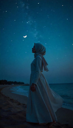 A young Muslim woman in a white robe standing on the beach under the moonlight.の写真素材