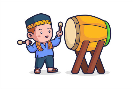 Cute little boy playing ethnic drum. Vector cartoon character illustration.のイラスト素材