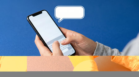 Woman using mobile phone with speech bubble icon on blue background, closeup