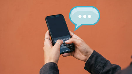Man using a mobile phone with a speech bubble on a brown background