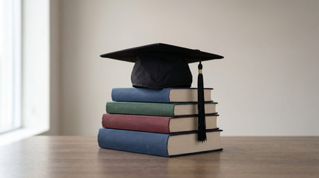 Graduation cap on stack of books on wooden desk. Education concept