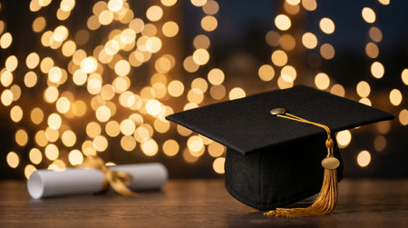 Graduation cap and diploma on wooden table against bokeh background