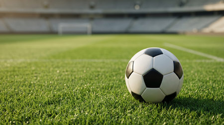 Soccer ball on the green grass of a football stadium or field