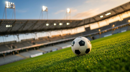 Soccer ball on the green grass in the stadium with blurred lights.