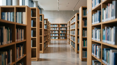 modern library interior with many bookshelves, shallow depth of field
