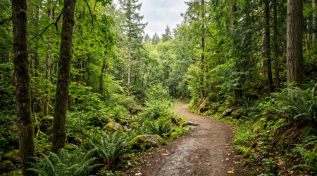 Hiking trail in the forest with ferns and trees.