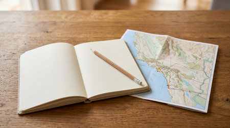 Blank notebook and pencil on the wooden table. Travel concept.