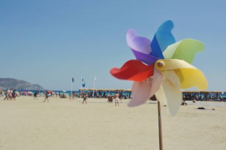 An Outdoor Colourful Pinwheel on the Beach in Crete.の写真素材