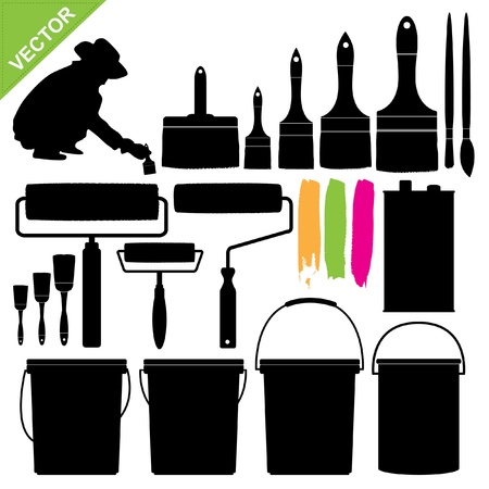 Set of Paint bucket and brush silhouette vectorのイラスト素材