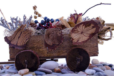 Miniature cart filled with flowers on a rock pathの写真素材