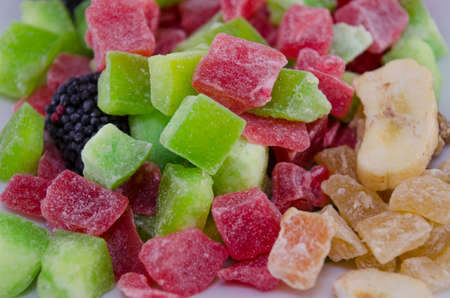 Dried kiwi, magoes, bananas, raisins, berries closeupの写真素材