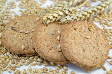 Integral cookies and sticks of wheat on white