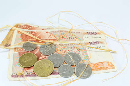 Old Greek currency drachma banknotes on white backgroundの写真素材