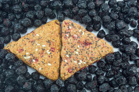 Integral cookies filled with fruit and sesame surrounded with dried aroniaの写真素材