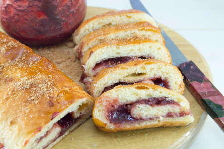 Homemade traditional strudel with strawberry jamの写真素材