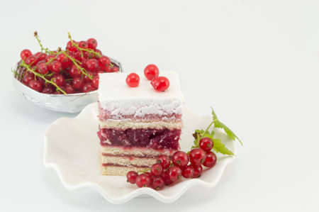 Homemade fruit cake with currant and fresh currant fruit on white background