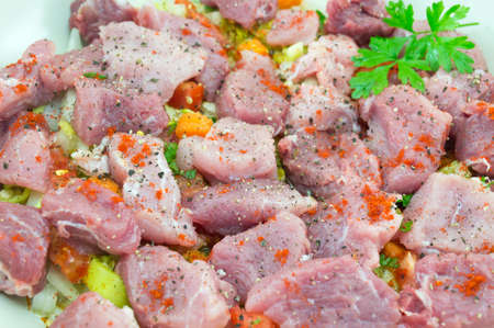 Meat slices with condiments ready for cookingの写真素材