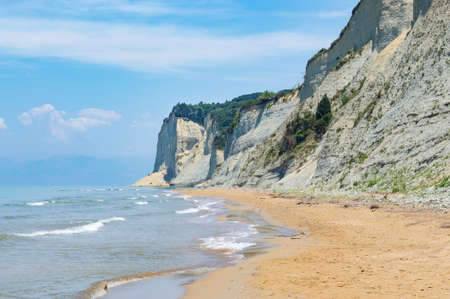 End of the sandy agios Stefanos beach at Corfu Greeceの写真素材