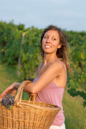 Young girl in grape harvest with big wicker basket for storing grapes. Working in fieldの写真素材