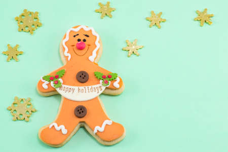 Cutest gingerbread cookie with shiny stars on blue backgroundの写真素材