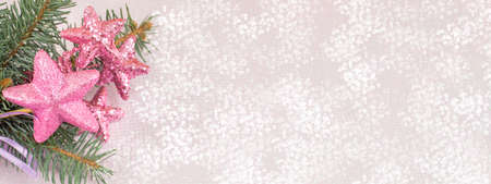 Christmas decoration banner in 8 x 3 resolution. Ornament and  fir tree decorationの写真素材