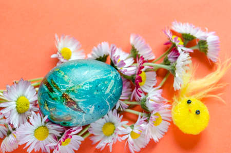 Hand painted decoupage Easter eggs among chamomile flowersの写真素材