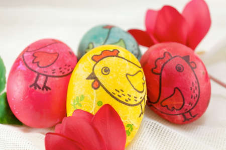 Bunch of decoupage decorated colorful Easter eggs