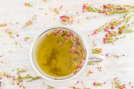 Hot bitter-grass tea in a teacup on a decorated tableの写真素材