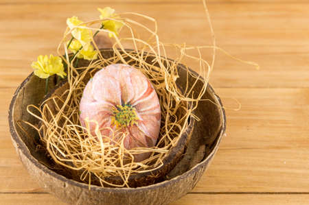 Decorated Easter eggs in a coconut shell as a bowlの写真素材
