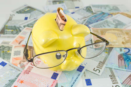 Piggy bank on top of euro billsの写真素材