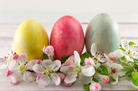 Painted Easter eggs and spring flowersの写真素材