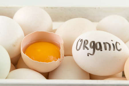 Fresh eggs in a wooden basket. Organic eggs