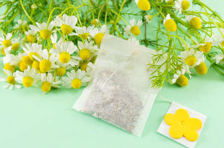 Chamomile flowers close up on and a chamomile tea bagの写真素材