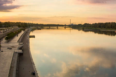 Sunset over Visla river in Warsaw, Polandの写真素材