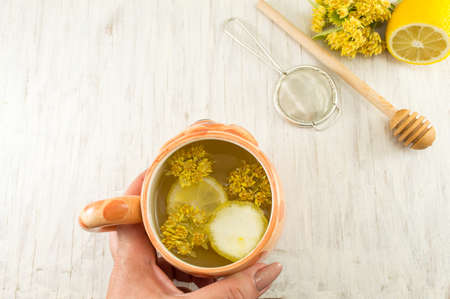 Linden Tea with fresh flowers and lemon servedの写真素材