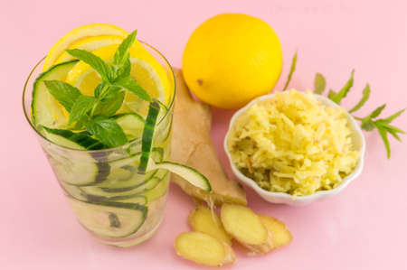 Diet drink with ginger, lemon and parsley with fresh ingredientsの写真素材