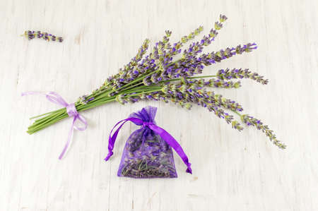 Lavender branches and dried flower in a bagの写真素材