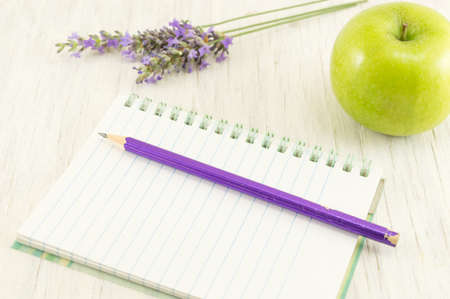 Apple on top of a notebook. School time