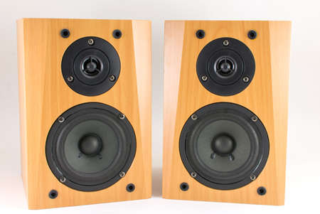 High quality wooden stereo speakers on whiteの写真素材