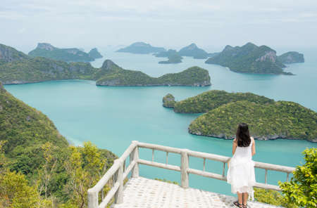 Woman enjoying stunning view at the National Marine Park in Thailandの写真素材