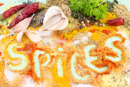 Word spices written in colorful seasoning background. Love cookingの写真素材