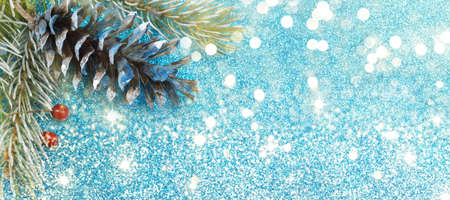 Pinecones and fir tree on sparkling blue background wide banner
