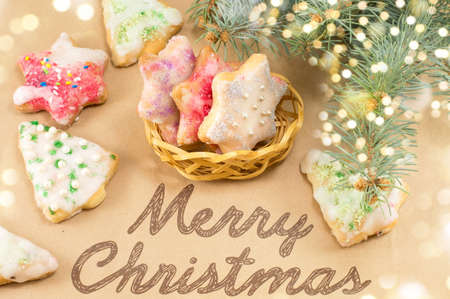 Merry Christmas card with decorated cookies and treats